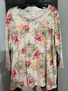 Alfred Dunner Beige Floral Long-Sleeve Women's Blouse